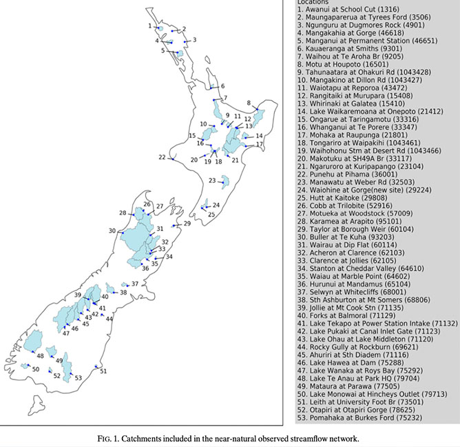 Catchments included in the near-natural observed streamflow network in the research paper by Queen et al.