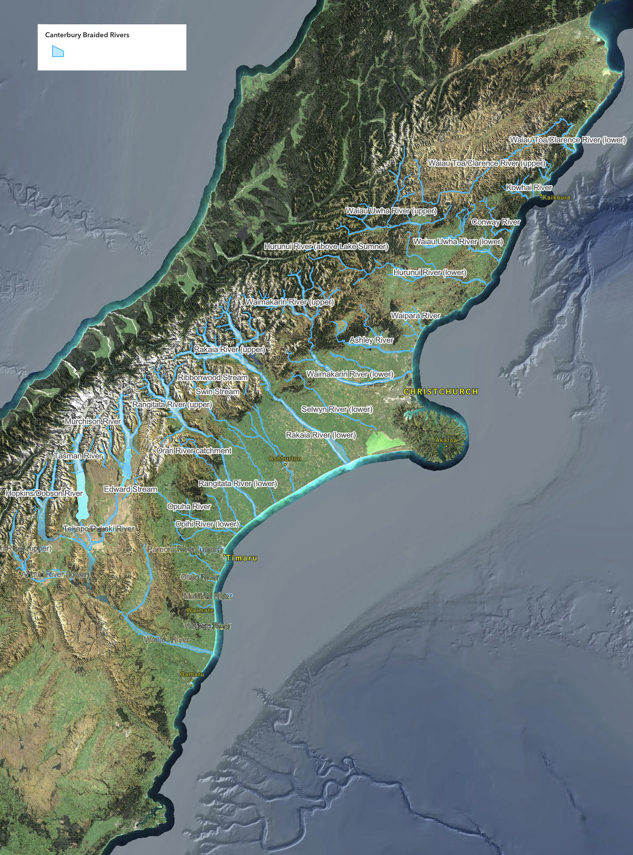 Click on the map to be taken to the interactive Arcgis page to explore Canterbury's braided rivers.