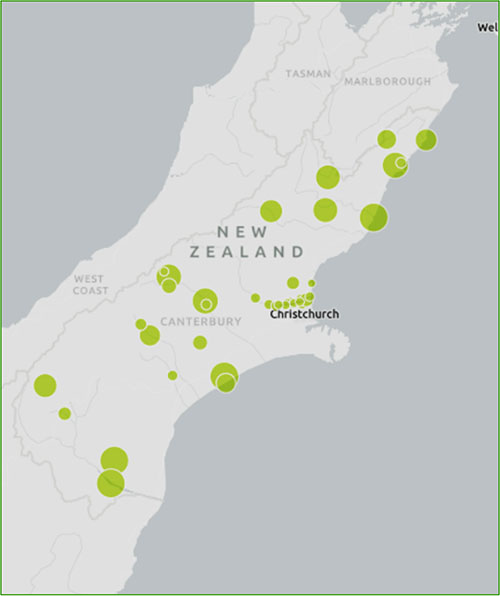 Location of current (2021) projects across Canterbury Region funded by IMS and Regional Initiatives funding. Almost all projects are co-funded and in some cases others are leading the projects.