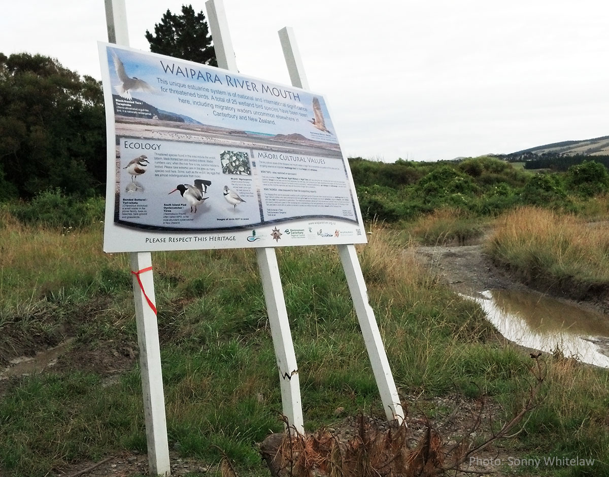4X4 attack on a sign explaining the nesting birds and Maori cultural values of the Waipara River.