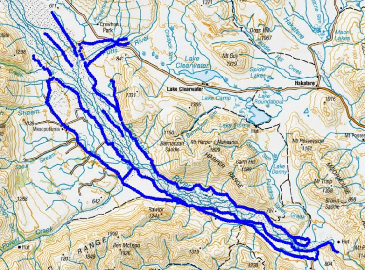 Trap lines (blue) in the upper Rangitata River (click image for the full report).