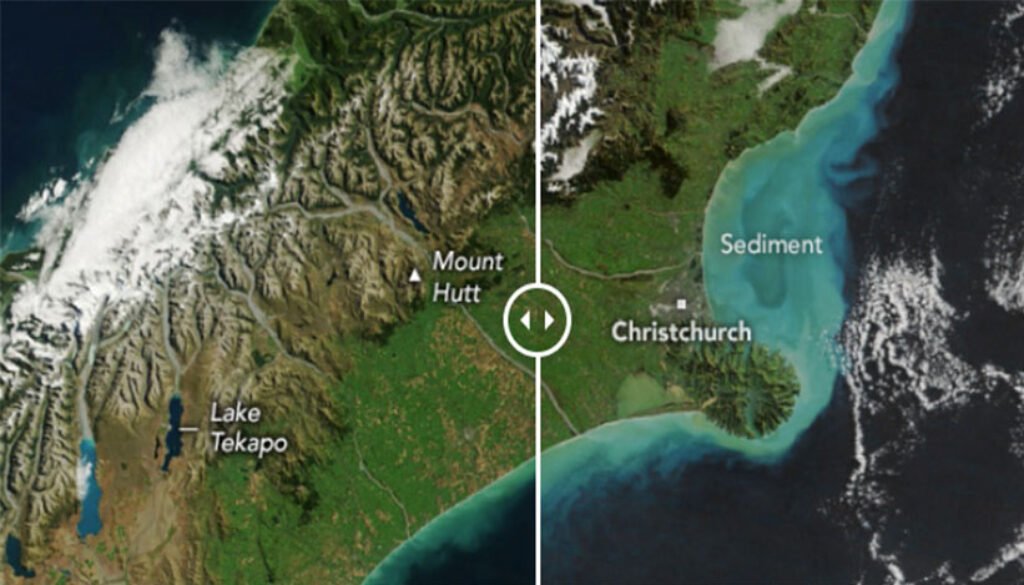 Before and after satellite images of flood impacts Canterbury March-May 2025