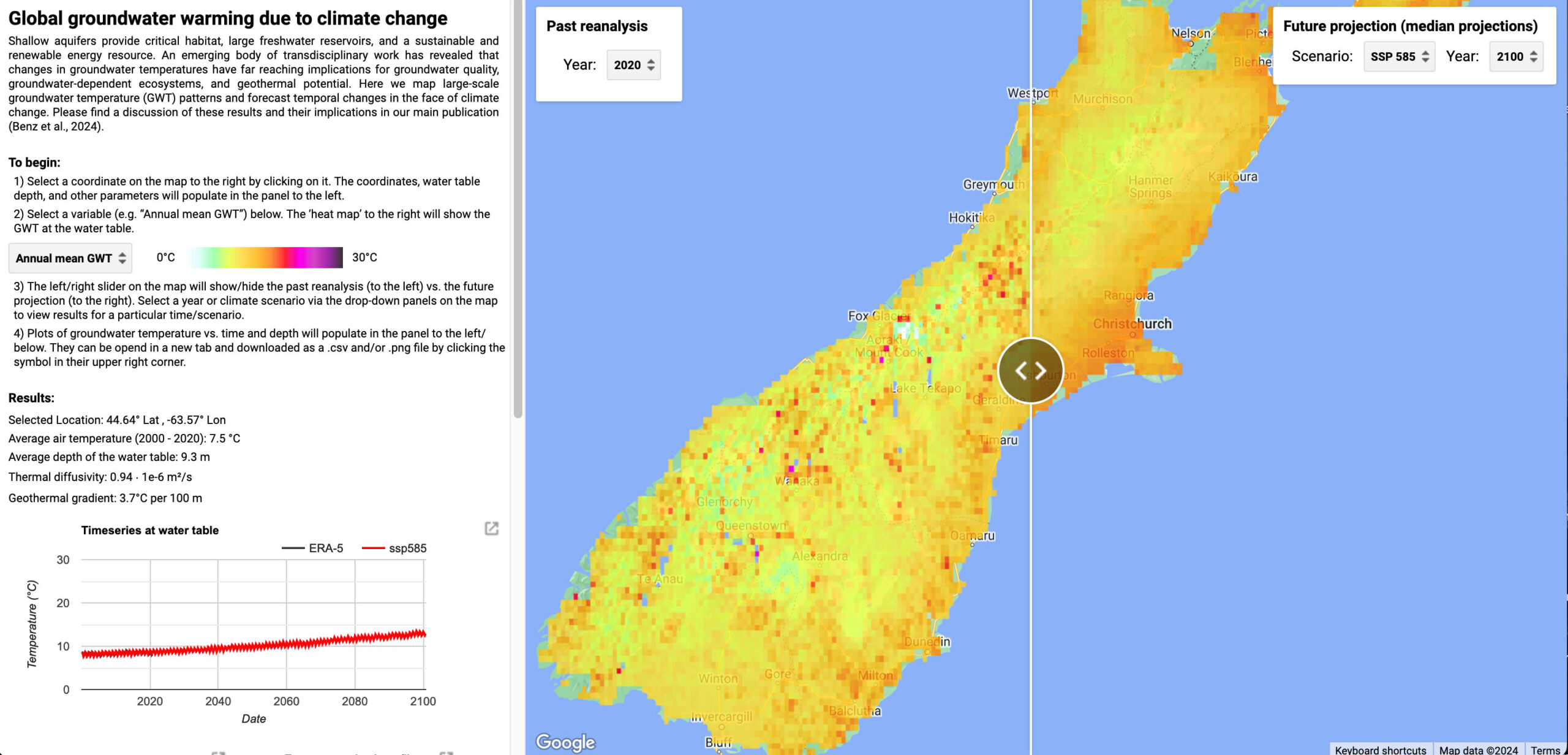(Click the image to be taken to the interactive global Atlas; you will need to move across to Aotearoa as it open over the US.) "Shallow soil and groundwater warming may also cause temperatures in water distribution networks to cross critical thresholds, with potential health implications such as the growth of pathogens such as Legionella spp." - Benz et al.